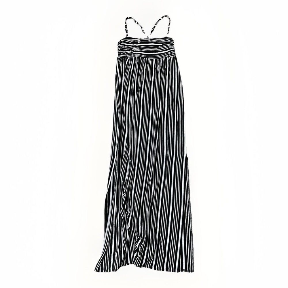 CHASER Black White Striped Maxi Dress Size S Side Leg Split Stretch Jersey